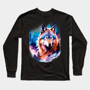 A Grey Wolf with Mountains, Floral Elements, Forests, Trees Long Sleeve T-Shirt